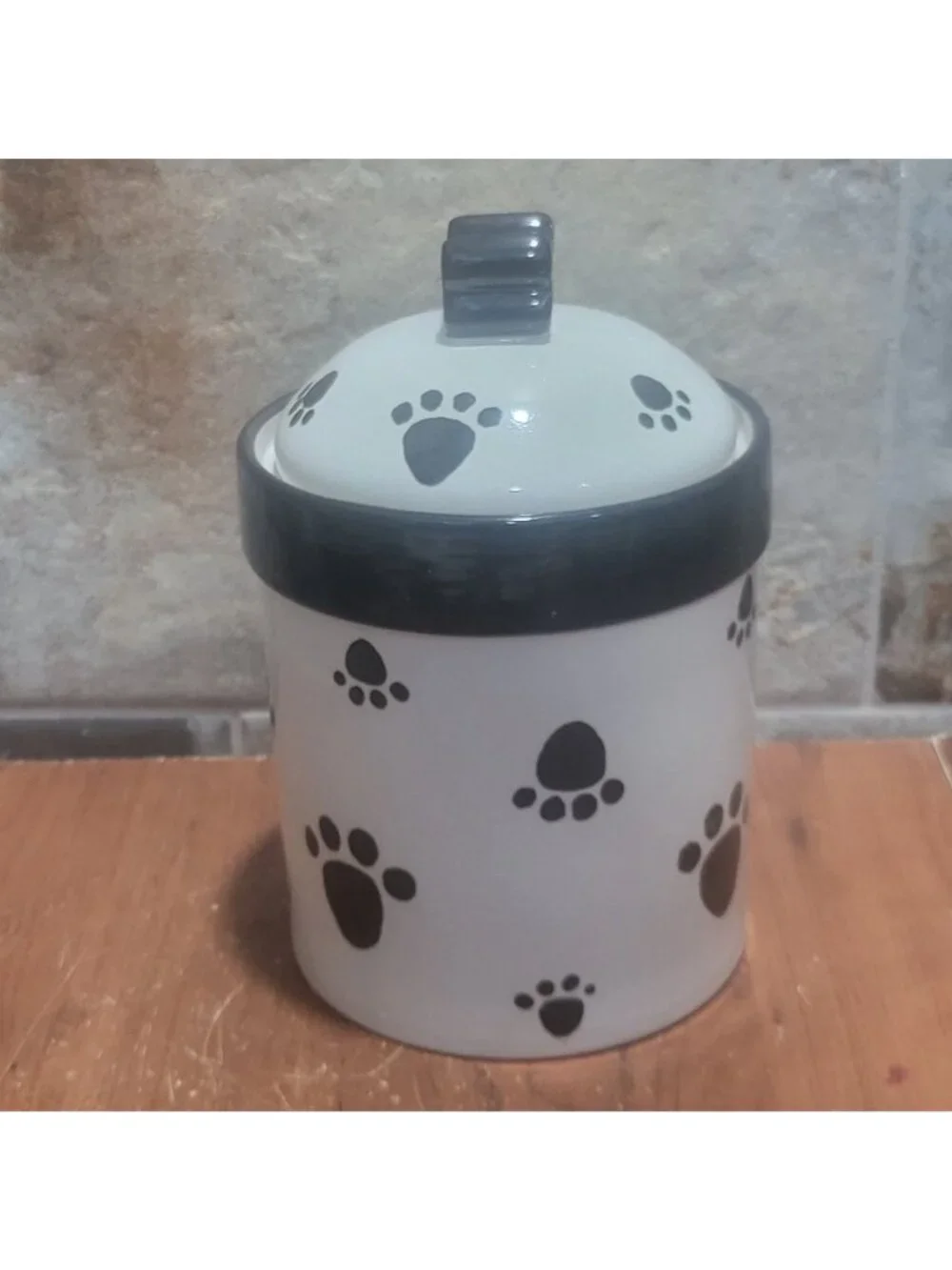 Castlemere Creations Ceramic Pet Treat Jar White Base Black Paw Print Lid Black
